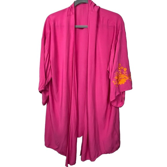 Rusty Dusty XL Swim Cover Up Pink Embroider Open Front Wrap Side Slit Boho Beach - Picture 2 of 7